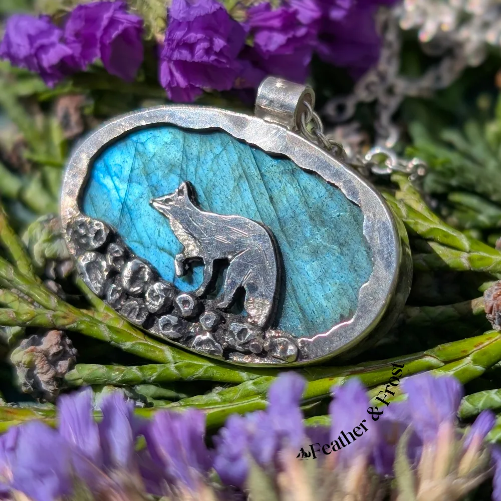 Handcrafted silver fox pendant with labradorite stone, set in recycled sterling silver, made in the UK — Feather & Frost