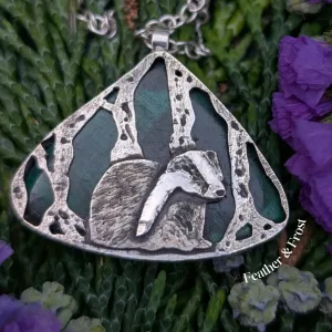 Rooted Watcher | Silver Badger Pendant with Malachite