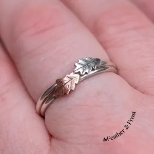 Dainty Oak Leaf Ring Duo – Handmade Silver & Copper Stacker Set