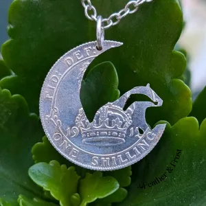 Badger in Moon Pendant – Hand-Cut from a Pre-1920 Silver Shilling