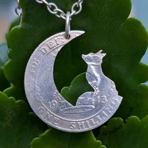Fox in Moon Pendant – Hand-Cut from a Pre-1920 Silver Shilling