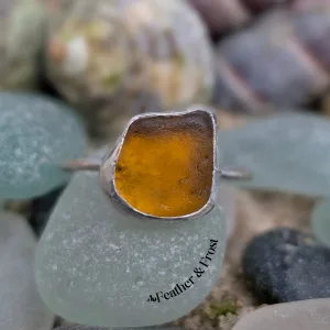 Golden Yellow Sea Glass Ring | Size O | Sterling Silver
