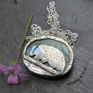 Brock Amongst the Roots | Badger Pendant | Silver & Labradorite