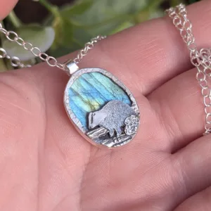 Brock Under Green Skies | Badger Pendant | Silver & Labradorite