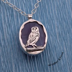 Athene's Perch | Little Owl Pendant | Sterling Silver & Amethyst
